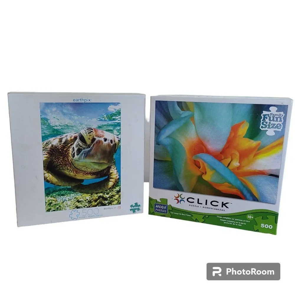 500 Piece Puzzle Lot - Set of Two - Turtle and Flower - Buffalo and Mega Puzzles